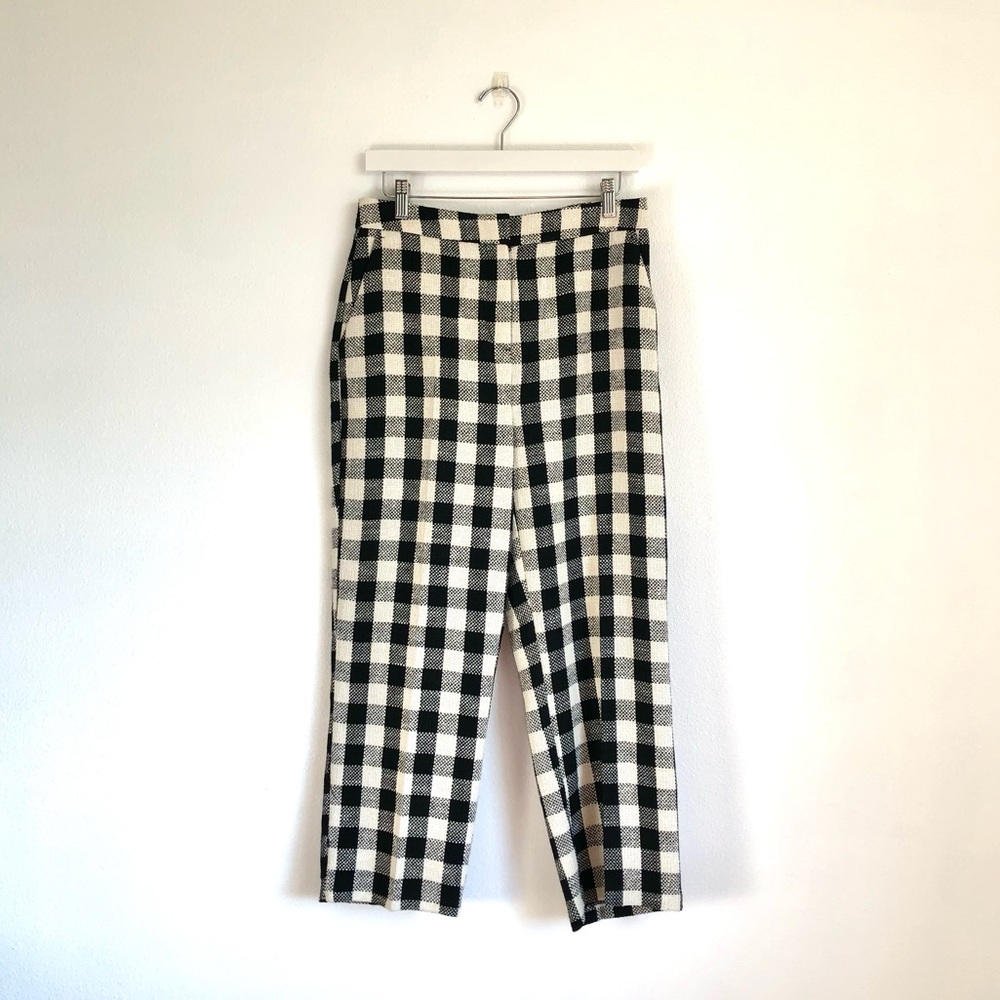 NWT Zara Black / Cream Woven Gingham Plaid Cropped Trouser Pants Size Medium